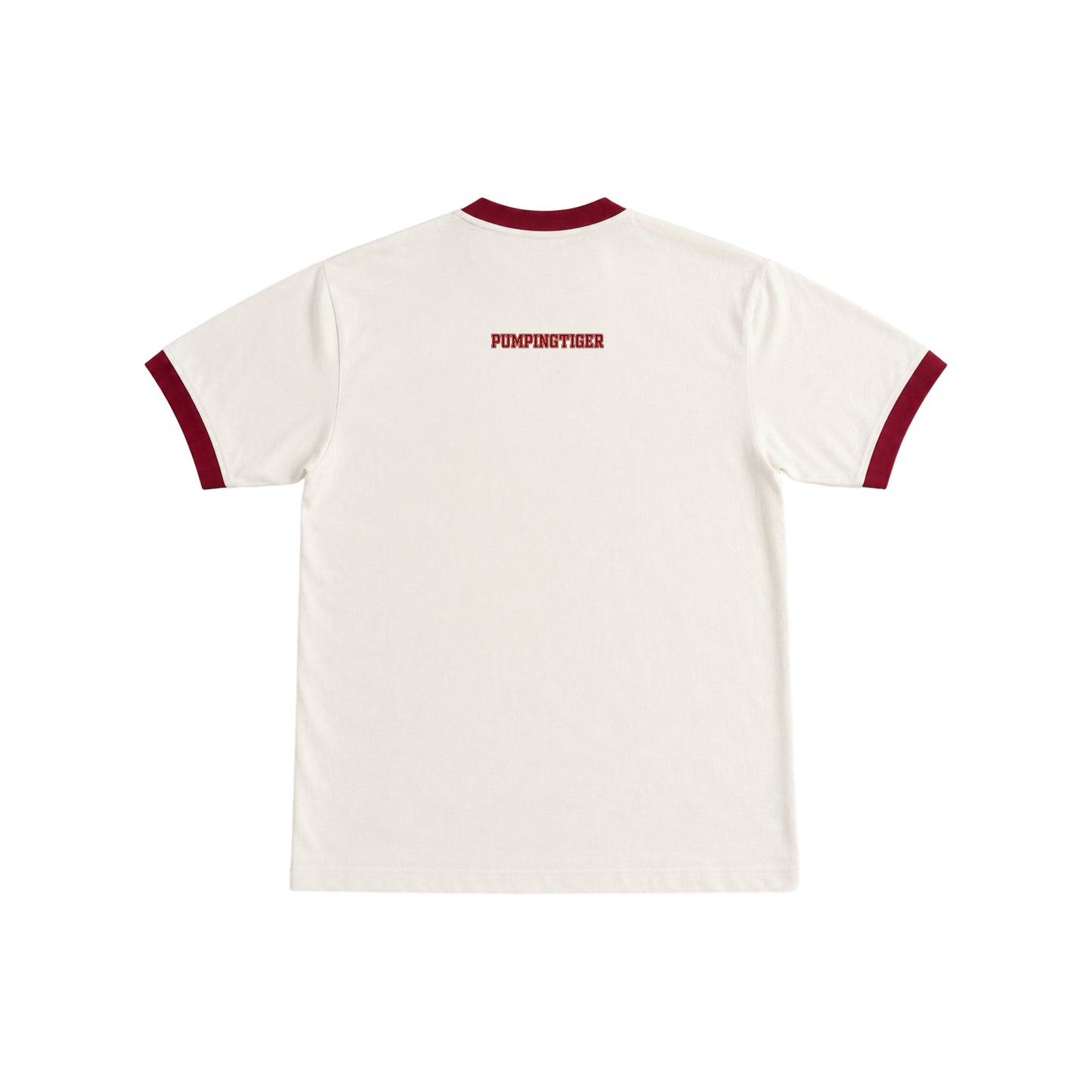 Back of the PUMPINGTIGER Iron Will Ringer T-Shirt in Off-White & Maroon featuring PUMPINGTIGER upper back branding.
