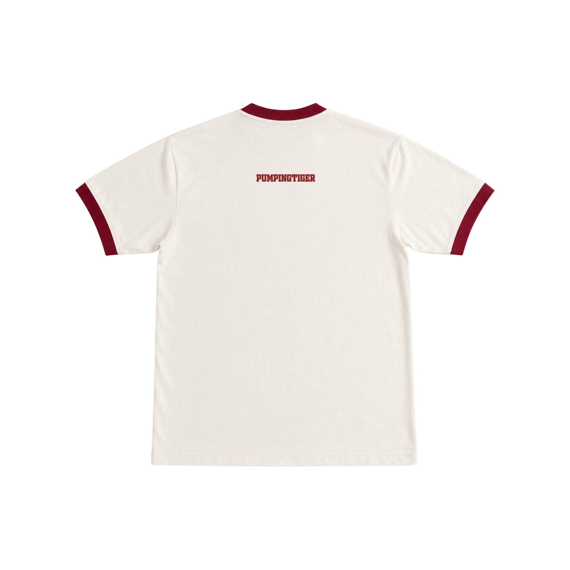 Back of the PUMPINGTIGER Iron Will Ringer T-Shirt in Off-White & Maroon featuring PUMPINGTIGER upper back branding.
