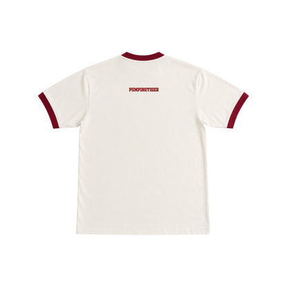 Back of the PUMPINGTIGER Iron Will Ringer T-Shirt in Off-White & Maroon featuring PUMPINGTIGER upper back branding.
