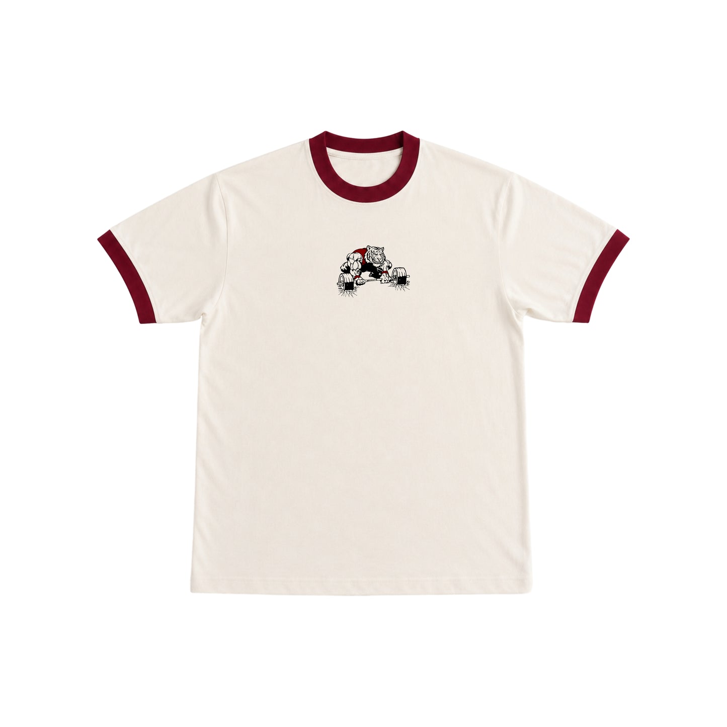 PUMPINGTIGER Iron Will Ringer T-Shirt in Off-White & Maroon featuring a vintage tiger deadlift graphic on the front.