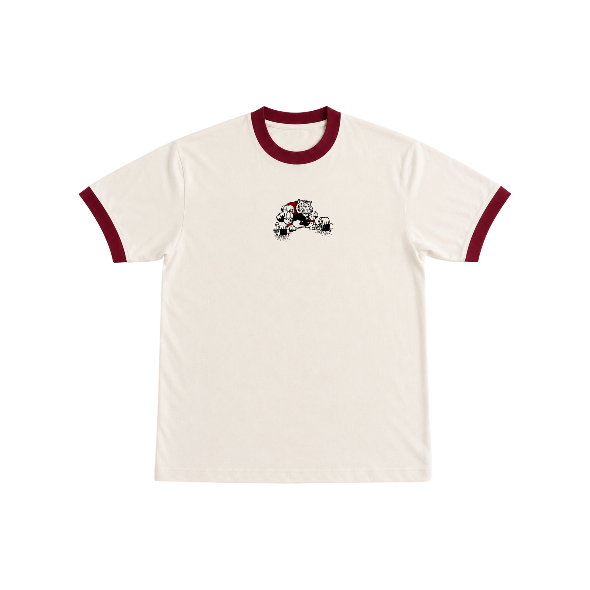 PUMPINGTIGER Iron Will Ringer T-Shirt in Off-White & Maroon featuring a vintage tiger deadlift graphic on the front.