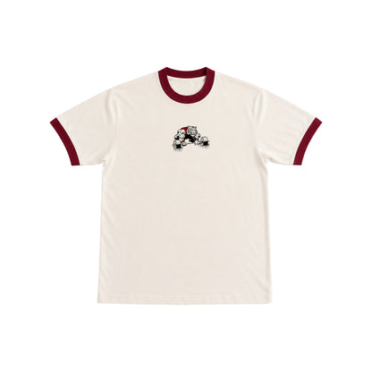 PUMPINGTIGER Iron Will Ringer T-Shirt in Off-White & Maroon featuring a vintage tiger deadlift graphic on the front.