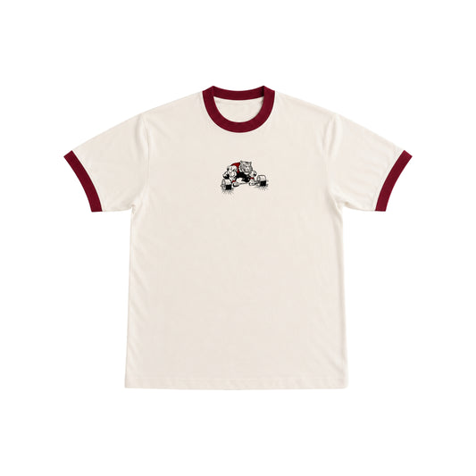 PUMPINGTIGER Iron Will Ringer T-Shirt in Off-White & Maroon featuring a vintage tiger deadlift graphic on the front.