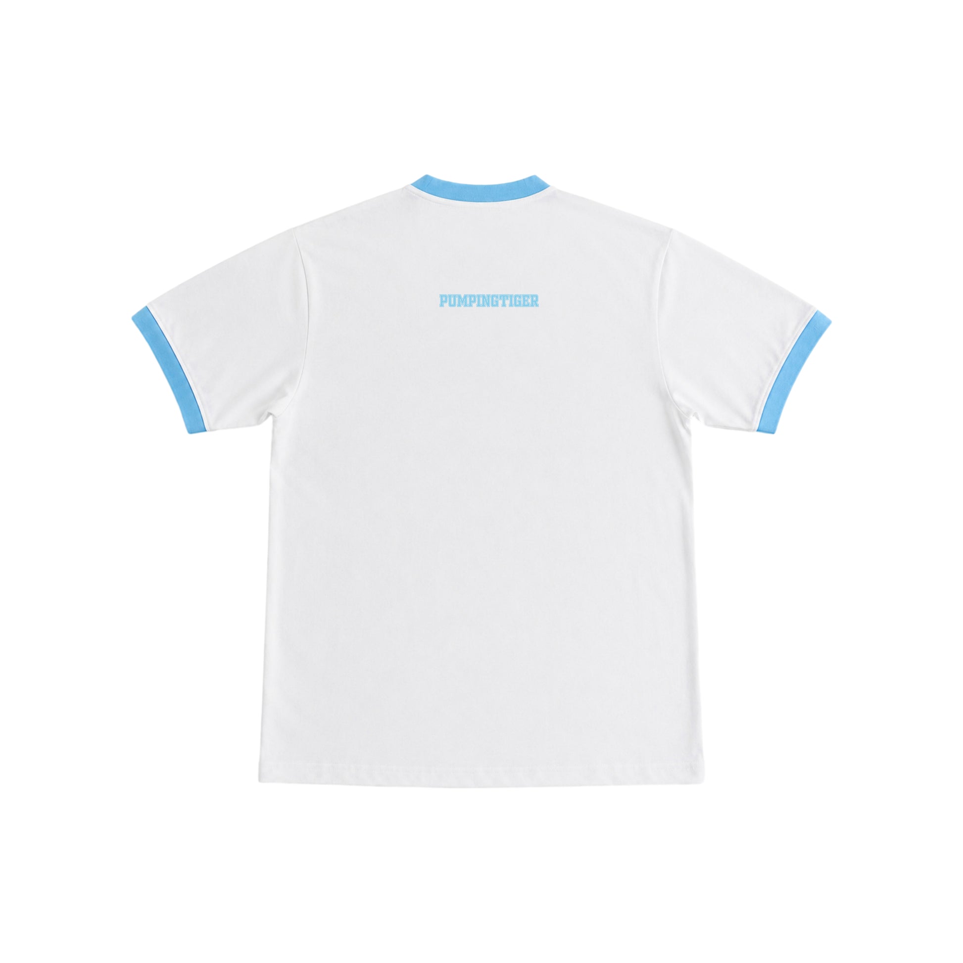 Back of the PUMPINGTIGER Iron Will Ringer T-Shirt in White & Sky Blue featuring PUMPINGTIGER upper back branding.