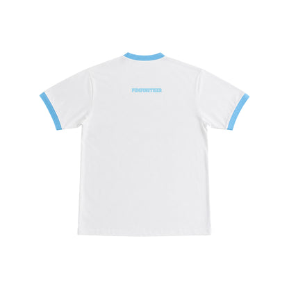 Back of the PUMPINGTIGER Iron Will Ringer T-Shirt in White & Sky Blue featuring PUMPINGTIGER upper back branding.