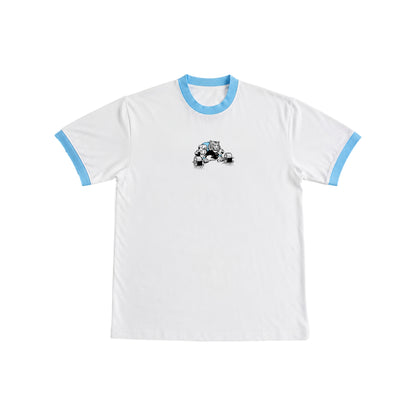 PUMPINGTIGER Iron Will Ringer T-Shirt in White & Sky Blue featuring a vintage tiger deadlift graphic on the front.