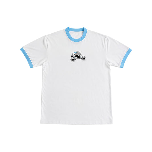 PUMPINGTIGER Iron Will Ringer T-Shirt in White & Sky Blue featuring a vintage tiger deadlift graphic on the front.