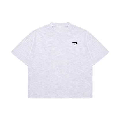 Front view of Minimal Dusty White Boxy Slub Tee with black P logo