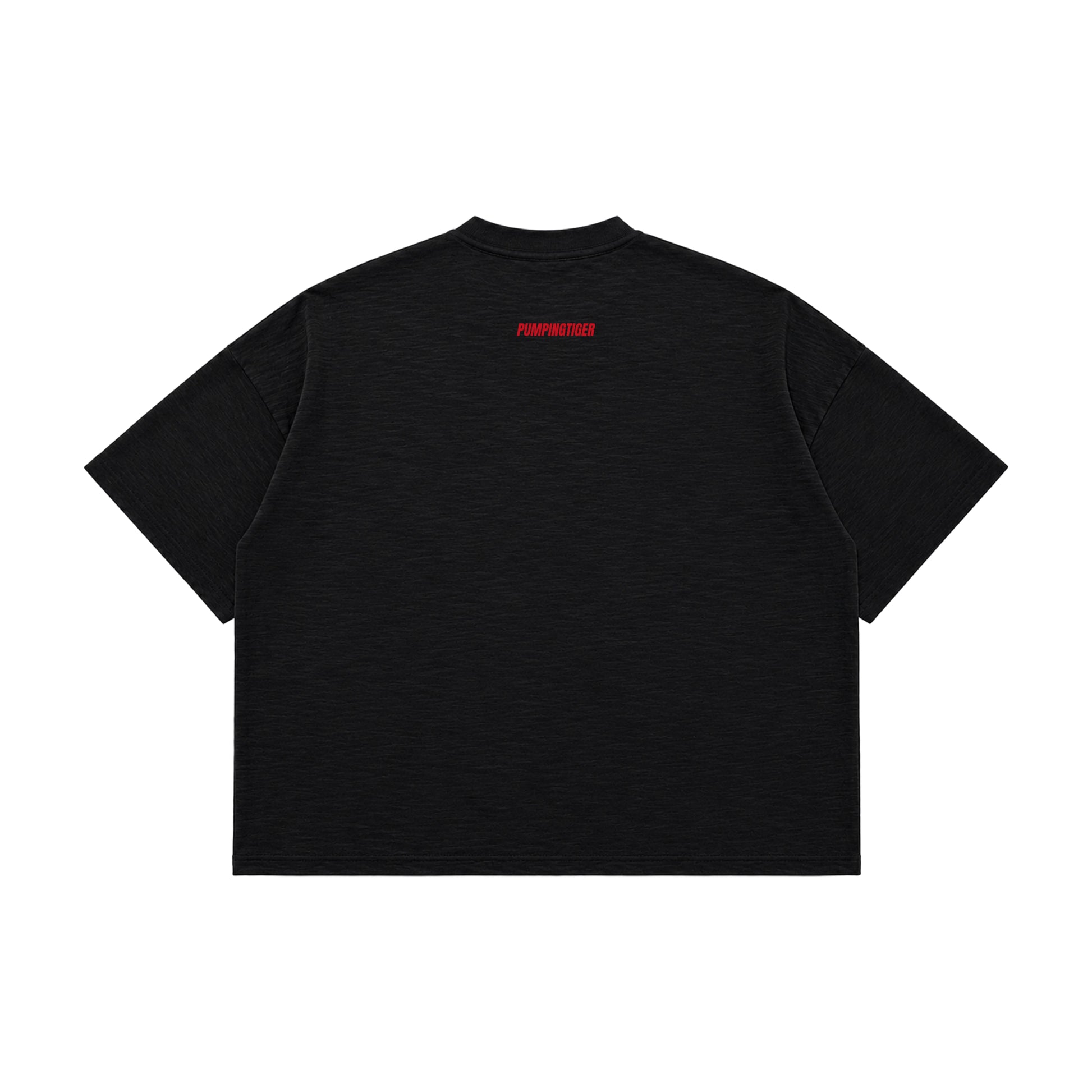 Back view of Minimal Graphite Boxy Slub Tee with red PUMPINGTIGER wordmark