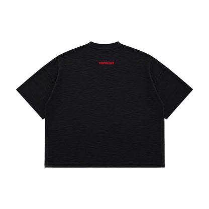 Back view of Minimal Graphite Boxy Slub Tee with red PUMPINGTIGER wordmark