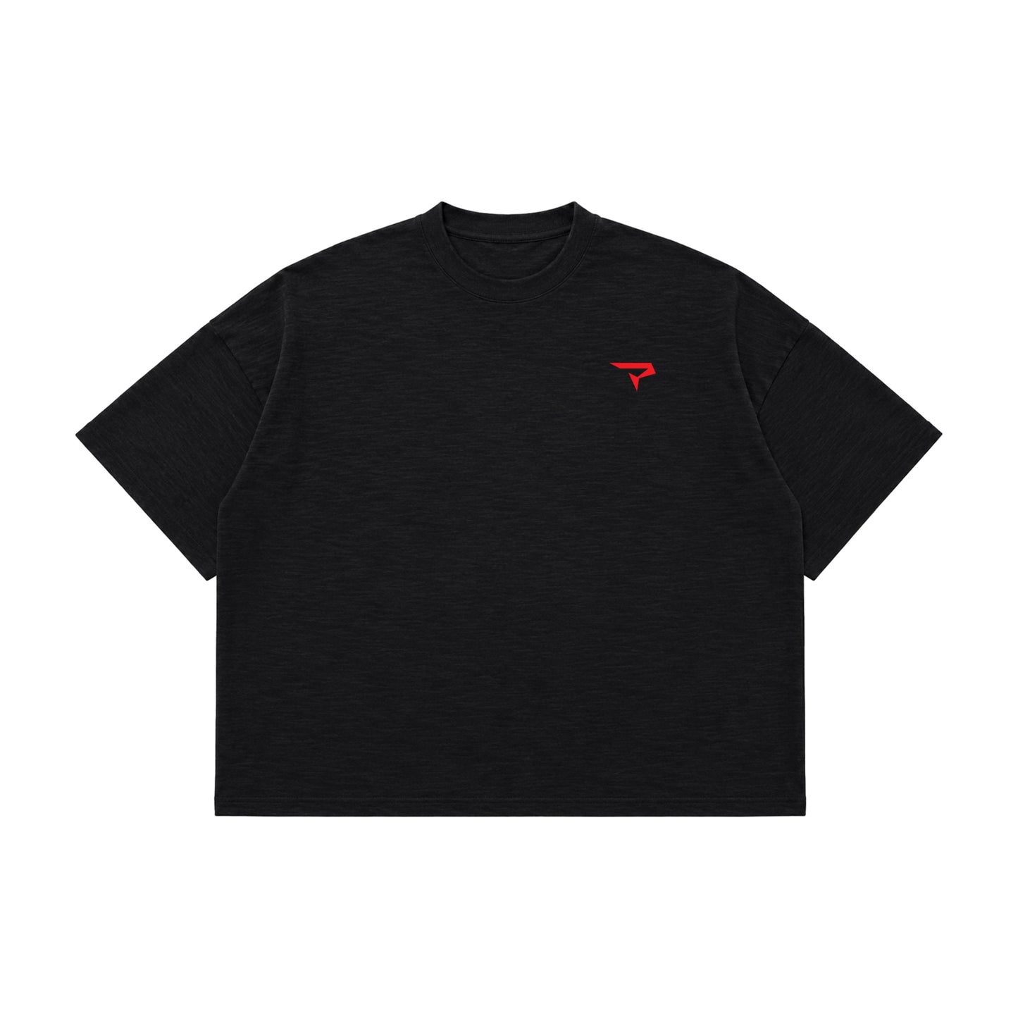 Front view of Minimal Graphite Boxy Slub Tee with red P logo