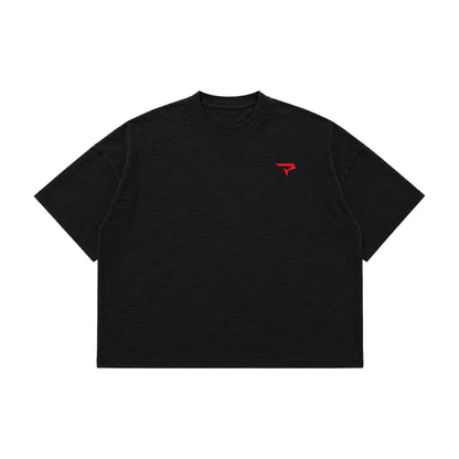 Front view of Minimal Graphite Boxy Slub Tee with red P logo