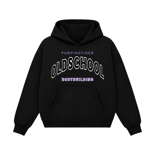 Old School Bodybuilding black boxy hoodie in 360 GSM 100% cotton fleece with purple and white graphic by PUMPINGTIGER