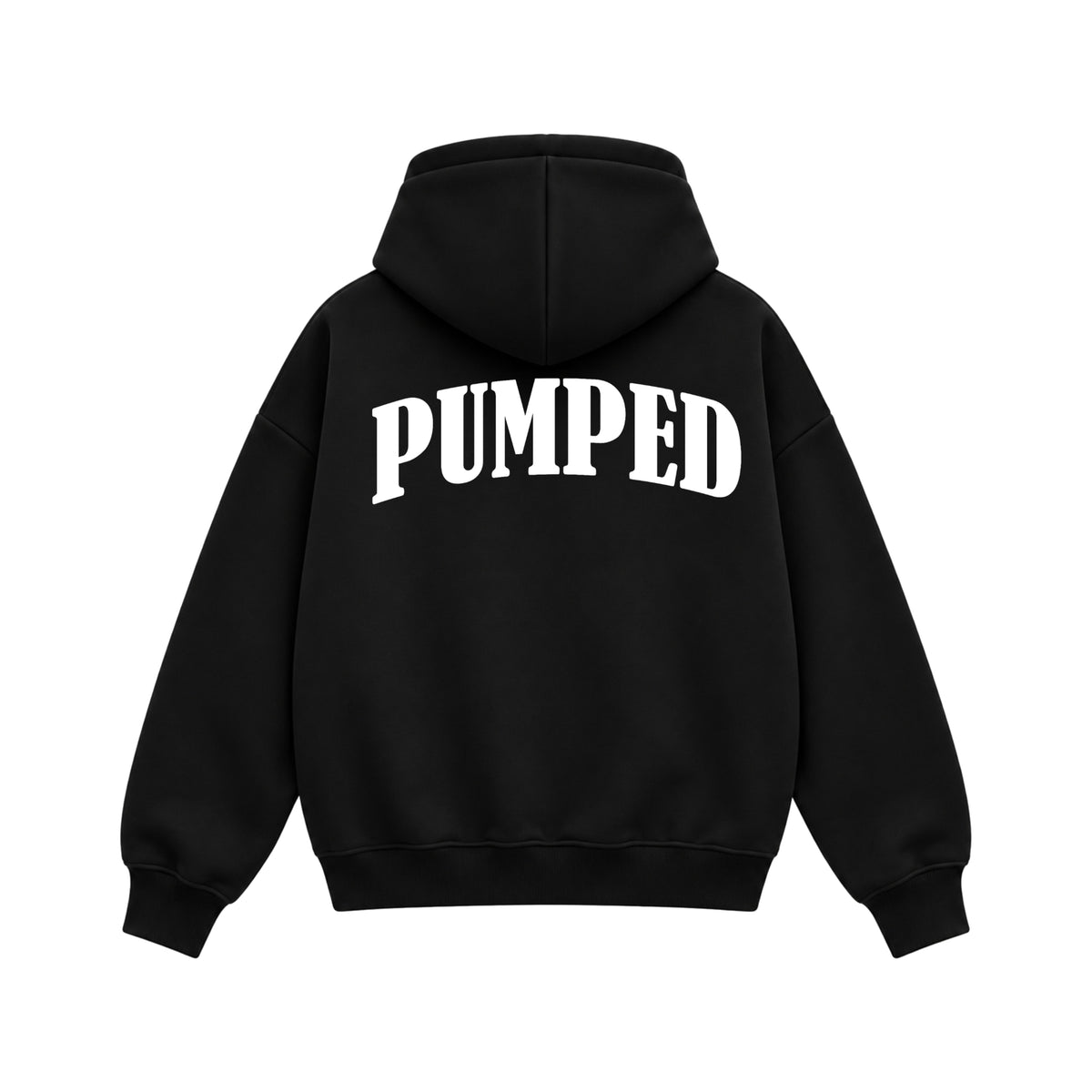 Back view of Pumped black boxy zipper hoodie with bold white PUMPED lettering by PUMPINGTIGER