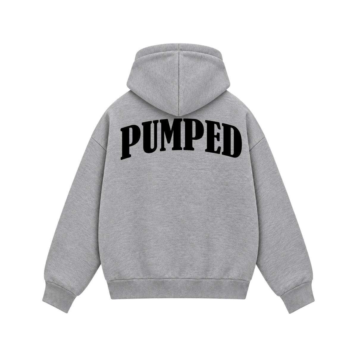 Back view of Pumped grey boxy zipper hoodie with bold black PUMPED lettering by PUMPINGTIGER