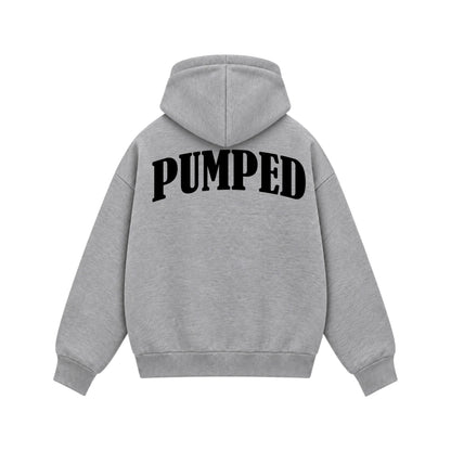 Back view of Pumped grey boxy zipper hoodie with bold black PUMPED lettering by PUMPINGTIGER