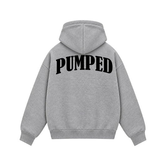 Back view of Pumped grey boxy zipper hoodie with bold black PUMPED lettering by PUMPINGTIGER