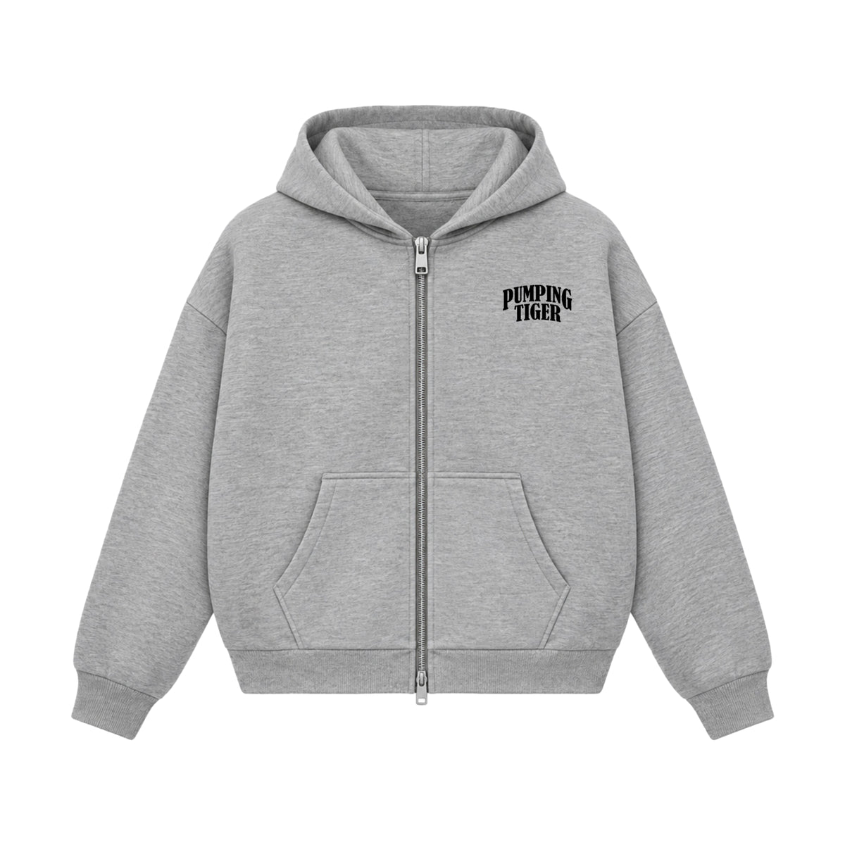 Pumped grey boxy zipper hoodie in 360 GSM 100% cotton fleece with PUMPING TIGER chest logo