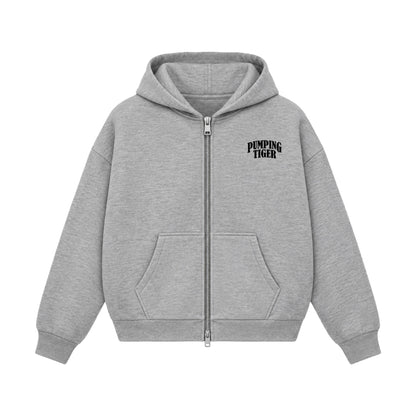 Pumped grey boxy zipper hoodie in 360 GSM 100% cotton fleece with PUMPING TIGER chest logo