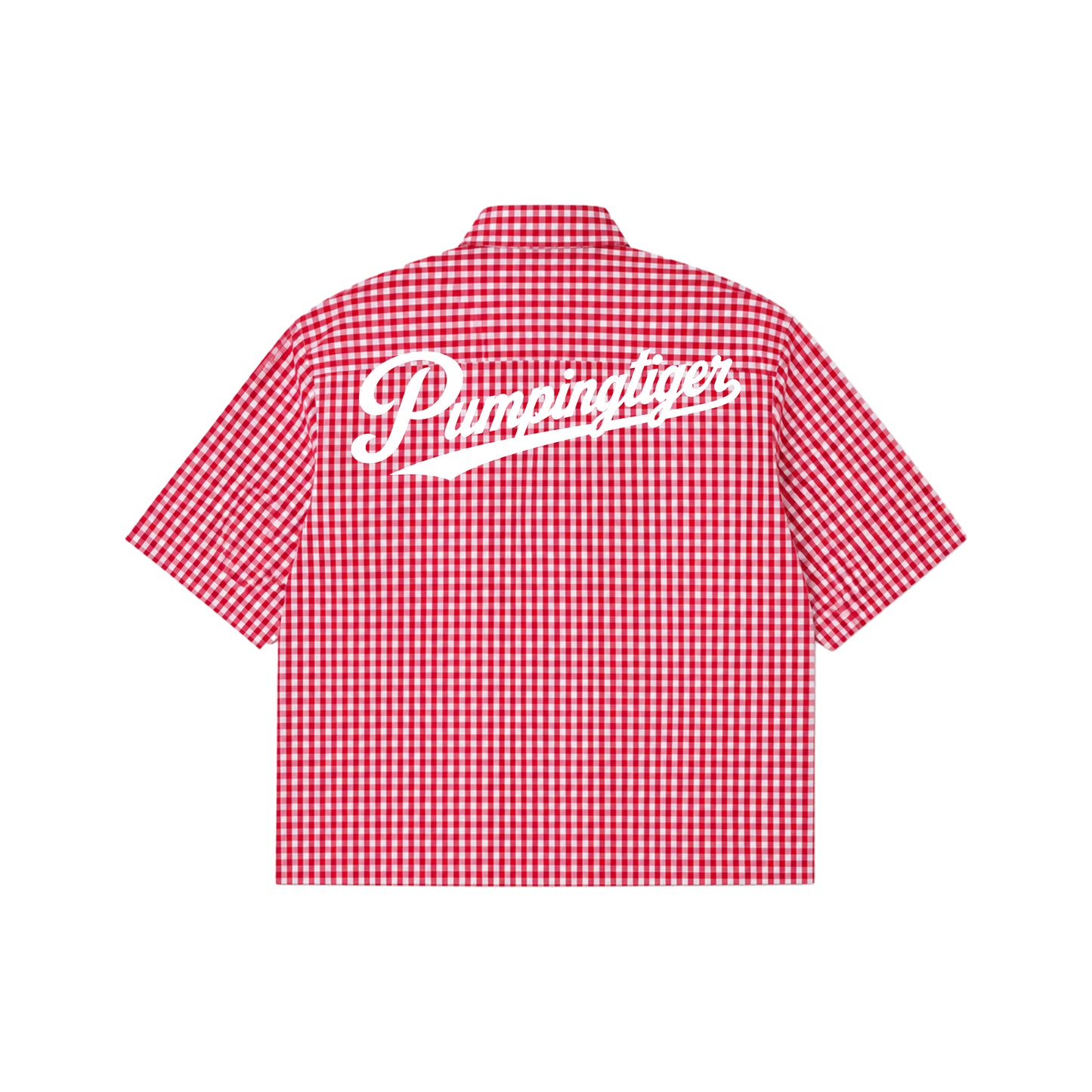 PUMPINGTIGER Red Check Oxford Boxy Shirt in 160 GSM 100% cotton featuring oversized white script logo on the back