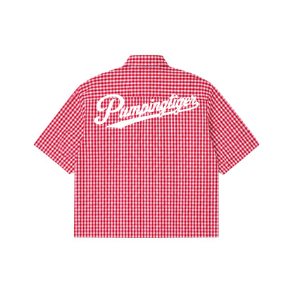 PUMPINGTIGER Red Check Oxford Boxy Shirt in 160 GSM 100% cotton featuring oversized white script logo on the back