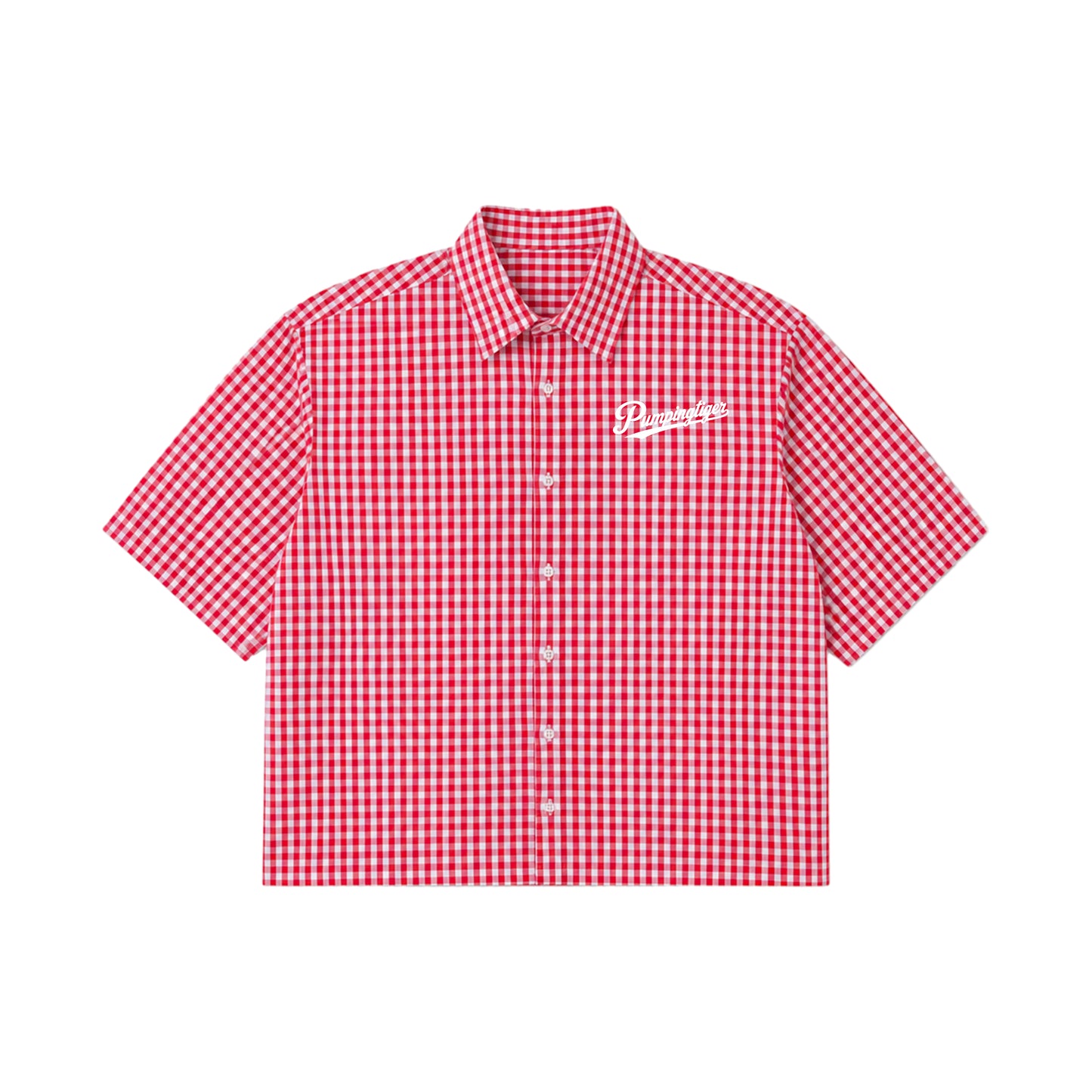 PUMPINGTIGER Red Check Oxford Boxy Shirt in 160 GSM 100% cotton with signature white chest logo