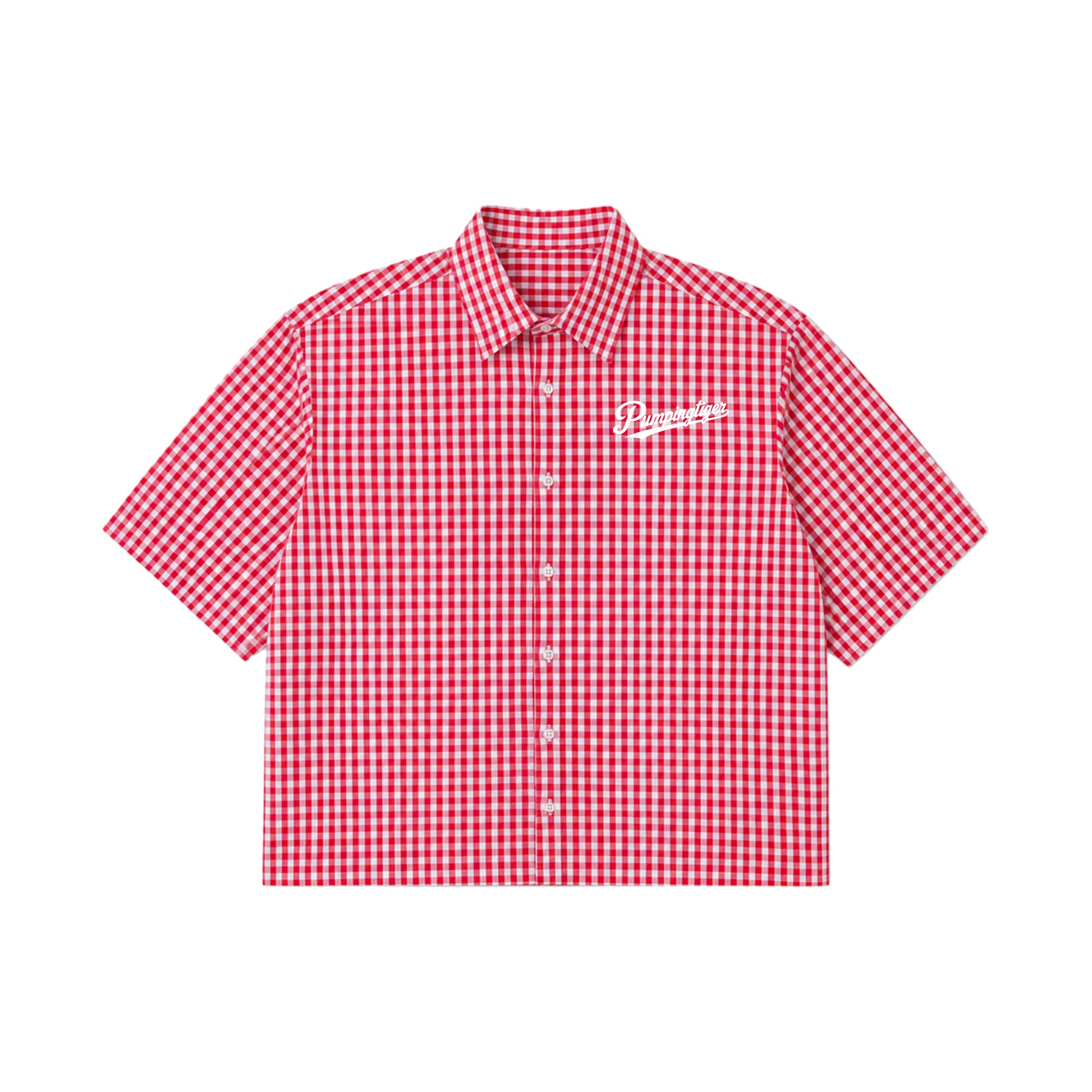 PUMPINGTIGER Red Check Oxford Boxy Shirt in 160 GSM 100% cotton with signature white chest logo