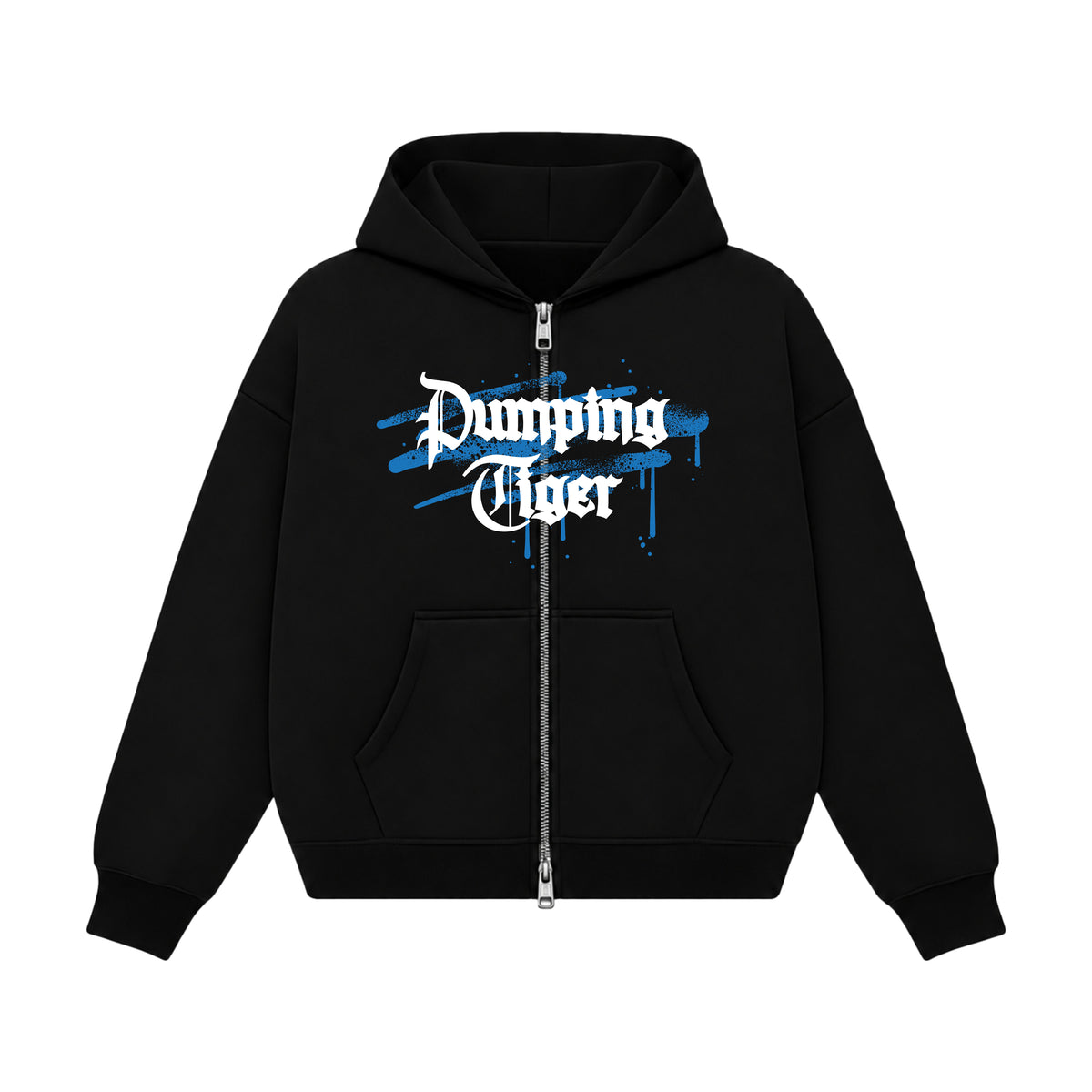 Redefine Your Fate black boxy zipper hoodie featuring white gothic PUMPINGTIGER lettering with blue graffiti accents