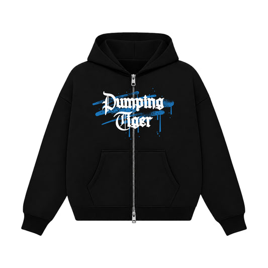 Redefine Your Fate black boxy zipper hoodie featuring white gothic PUMPINGTIGER lettering with blue graffiti accents