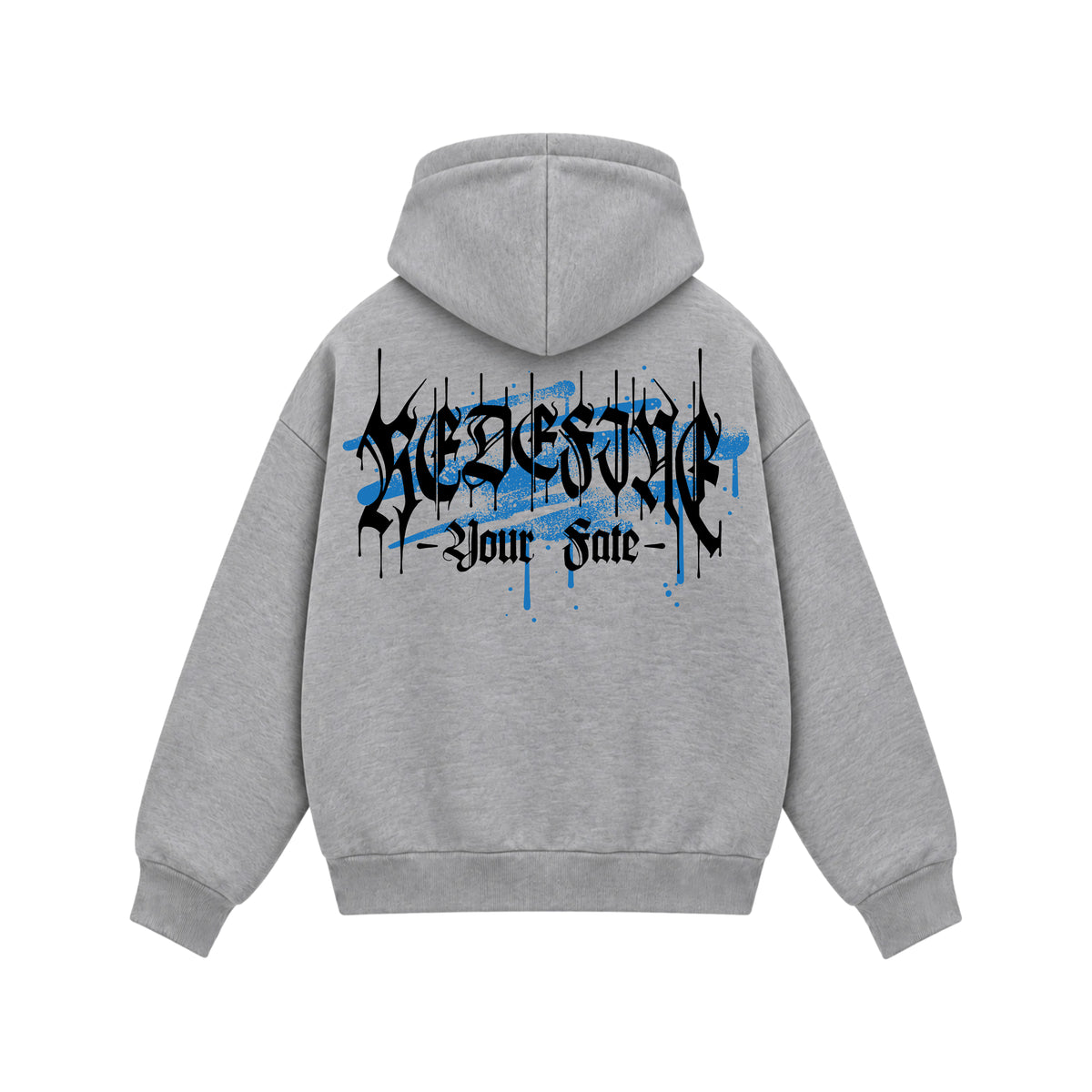 Back view of PUMPINGTIGER Redefine Your Fate grey boxy zipper hoodie featuring black gothic typography and blue graffiti accents