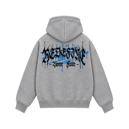 Back view of PUMPINGTIGER Redefine Your Fate grey boxy zipper hoodie featuring black gothic typography and blue graffiti accents