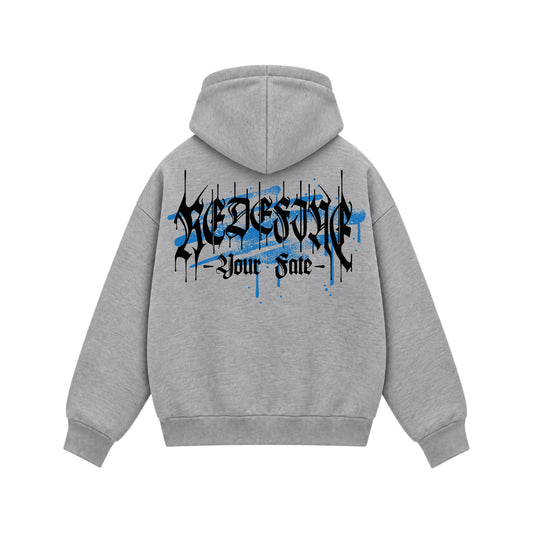 Back view of PUMPINGTIGER Redefine Your Fate grey boxy zipper hoodie featuring black gothic typography and blue graffiti accents