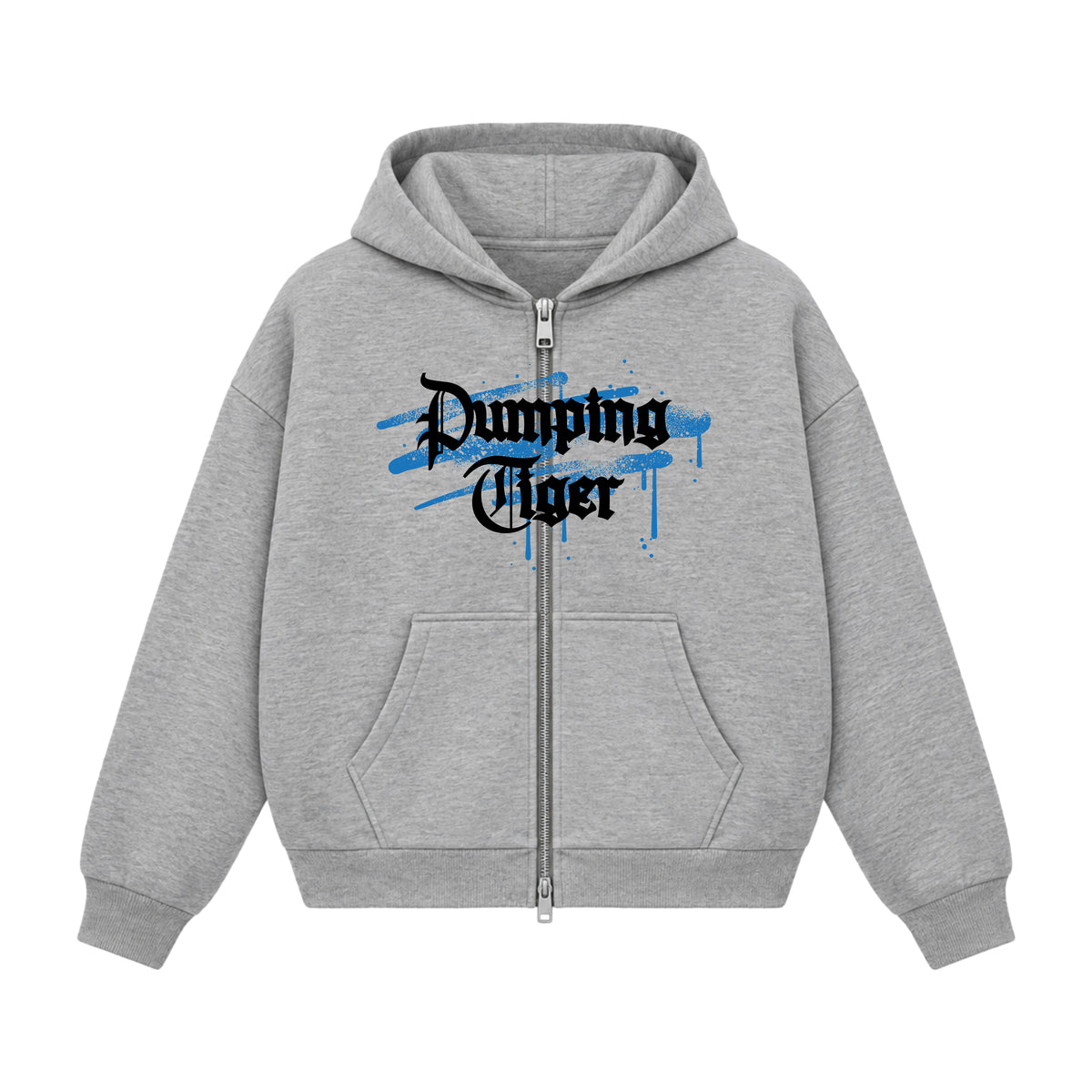 PUMPINGTIGER Redefine Your Fate grey boxy zipper hoodie with black gothic lettering and blue graffiti graphic