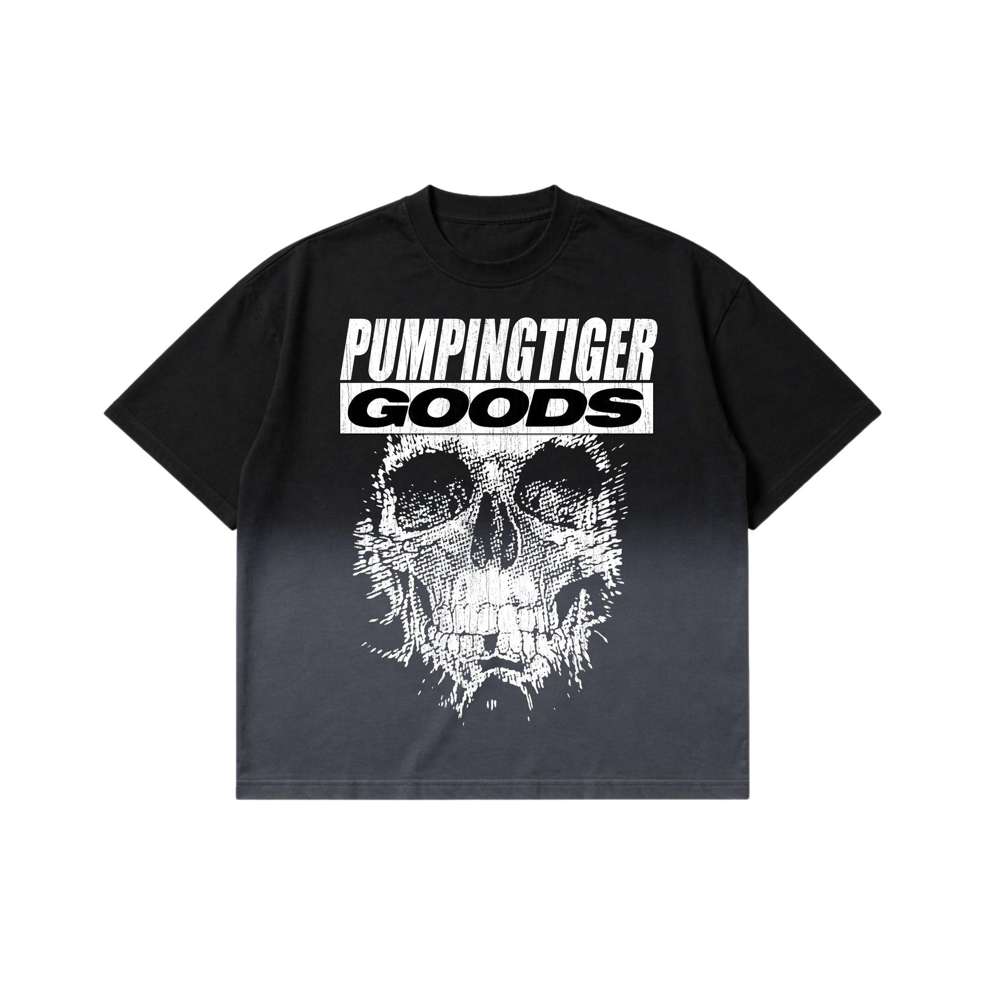 PUMPINGTIGER Skull Graphic Ombre Washed Boxy T-Shirt front view featuring a skull graphic on premium 240 GSM French Terry cotton with an ombre washed finish.