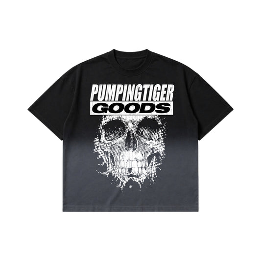 PUMPINGTIGER Skull Graphic Ombre Washed Boxy T-Shirt front view featuring a skull graphic on premium 240 GSM French Terry cotton with an ombre washed finish.