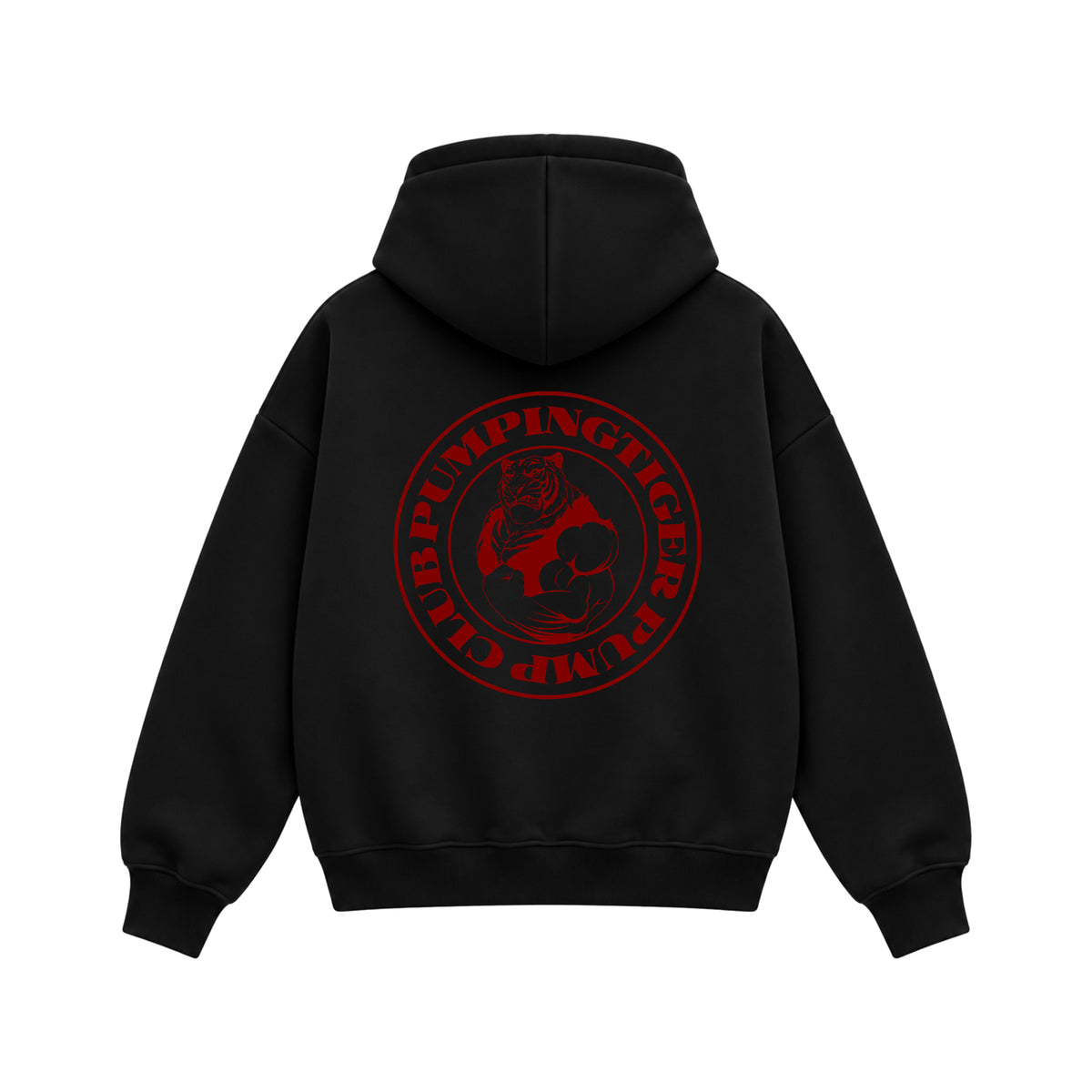 Back view of Tigers Pump Club black boxy zipper hoodie with large red circular tiger graphic by PUMPINGTIGER