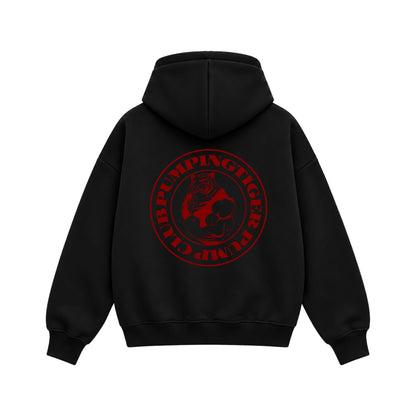Back view of Tigers Pump Club black boxy zipper hoodie with large red circular tiger graphic by PUMPINGTIGER