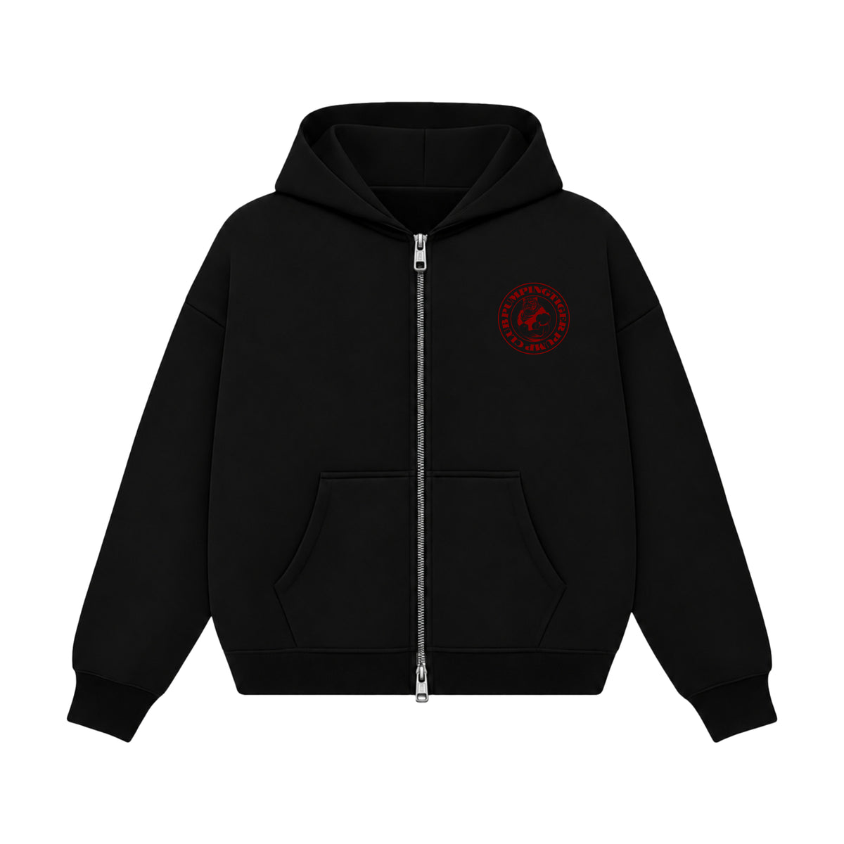 Tigers Pump Club black boxy zipper hoodie in 360 GSM 100% cotton fleece with red chest logo by PUMPINGTIGER