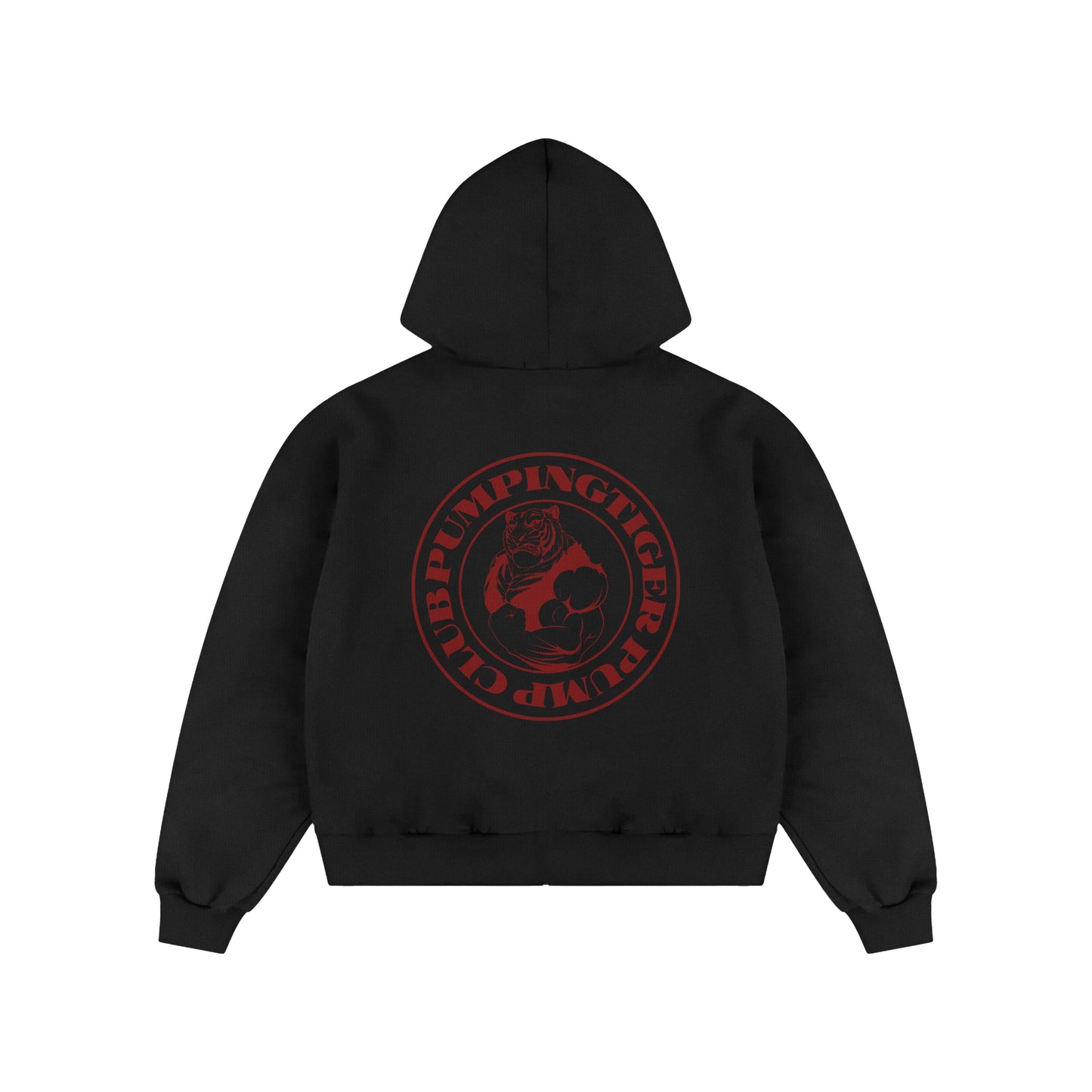 PUMPINGTIGER Tigers Pump Club 350 GSM Black Zip-Up Hoodie with a large red Tigers Pump Club back graphic.