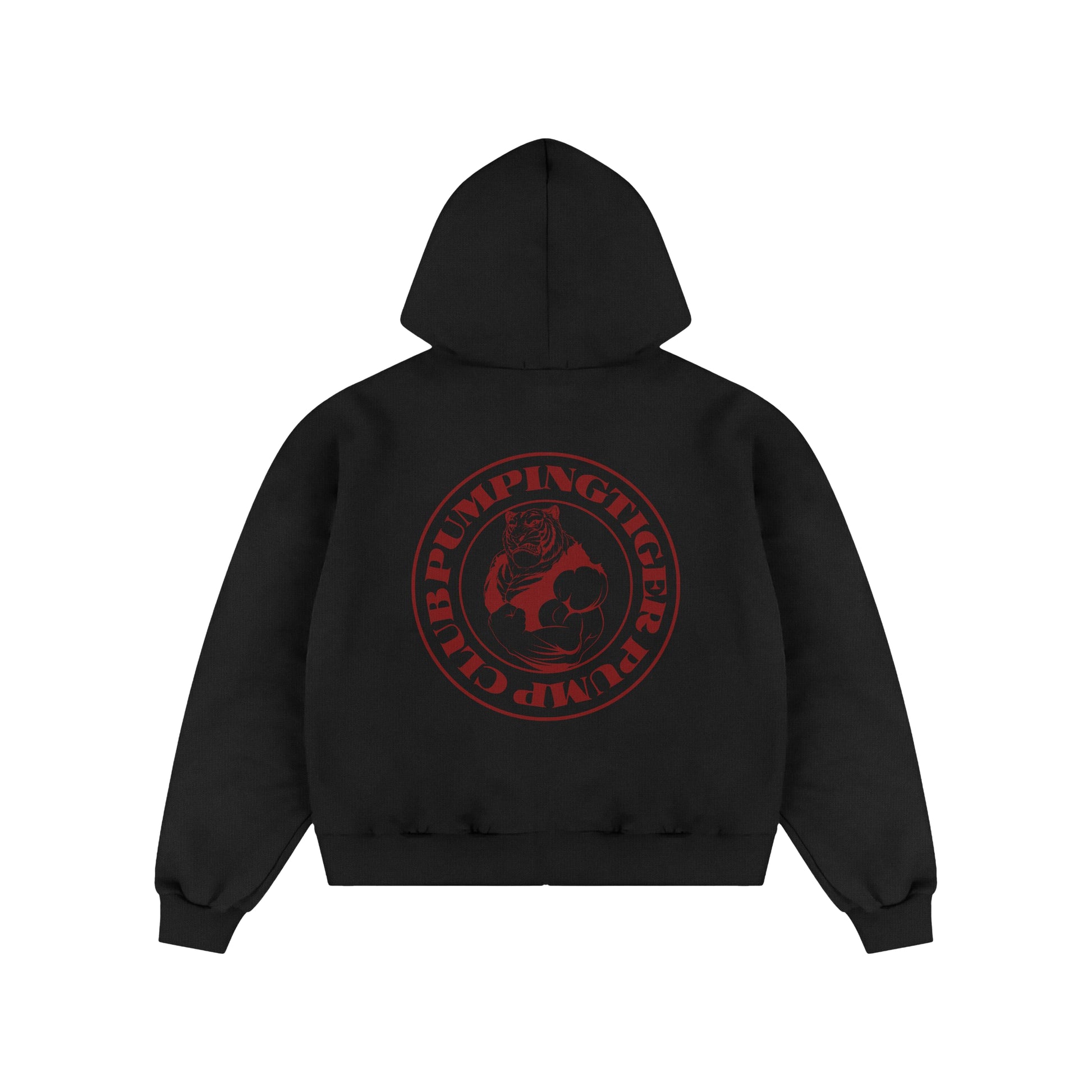 PUMPINGTIGER Tigers Pump Club 350 GSM Black Zip-Up Hoodie with a large red Tigers Pump Club back graphic.