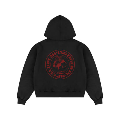 PUMPINGTIGER Tigers Pump Club 350 GSM Black Zip-Up Hoodie with a large red Tigers Pump Club back graphic.