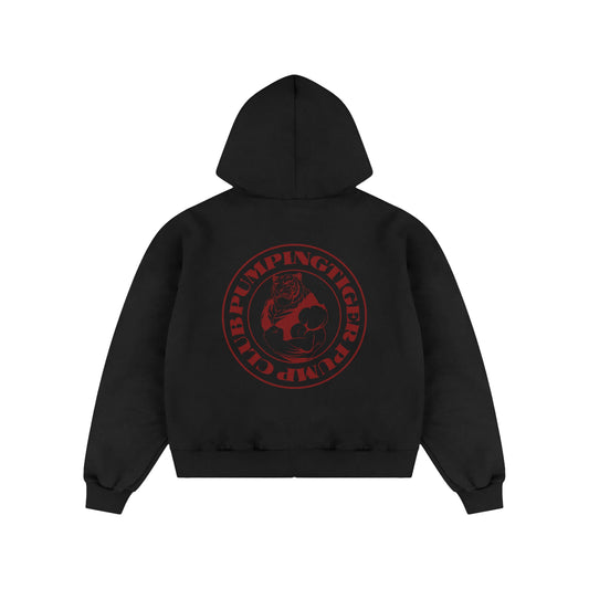 PUMPINGTIGER Tigers Pump Club 350 GSM Black Zip-Up Hoodie with a large red Tigers Pump Club back graphic.