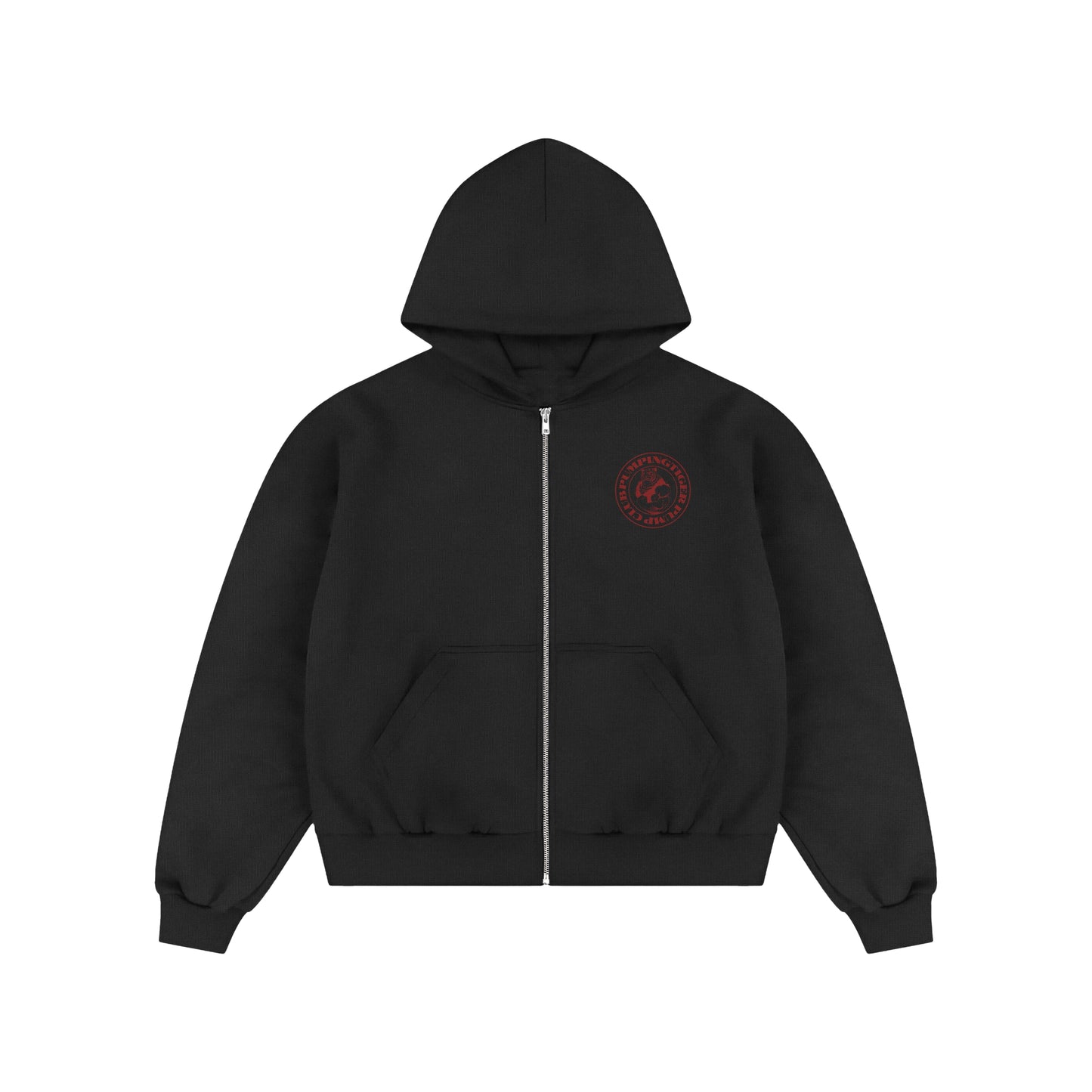PUMPINGTIGER Tigers Pump Club 350 GSM Black Zip-Up Hoodie featuring a premium chest crest and durable metal zipper.