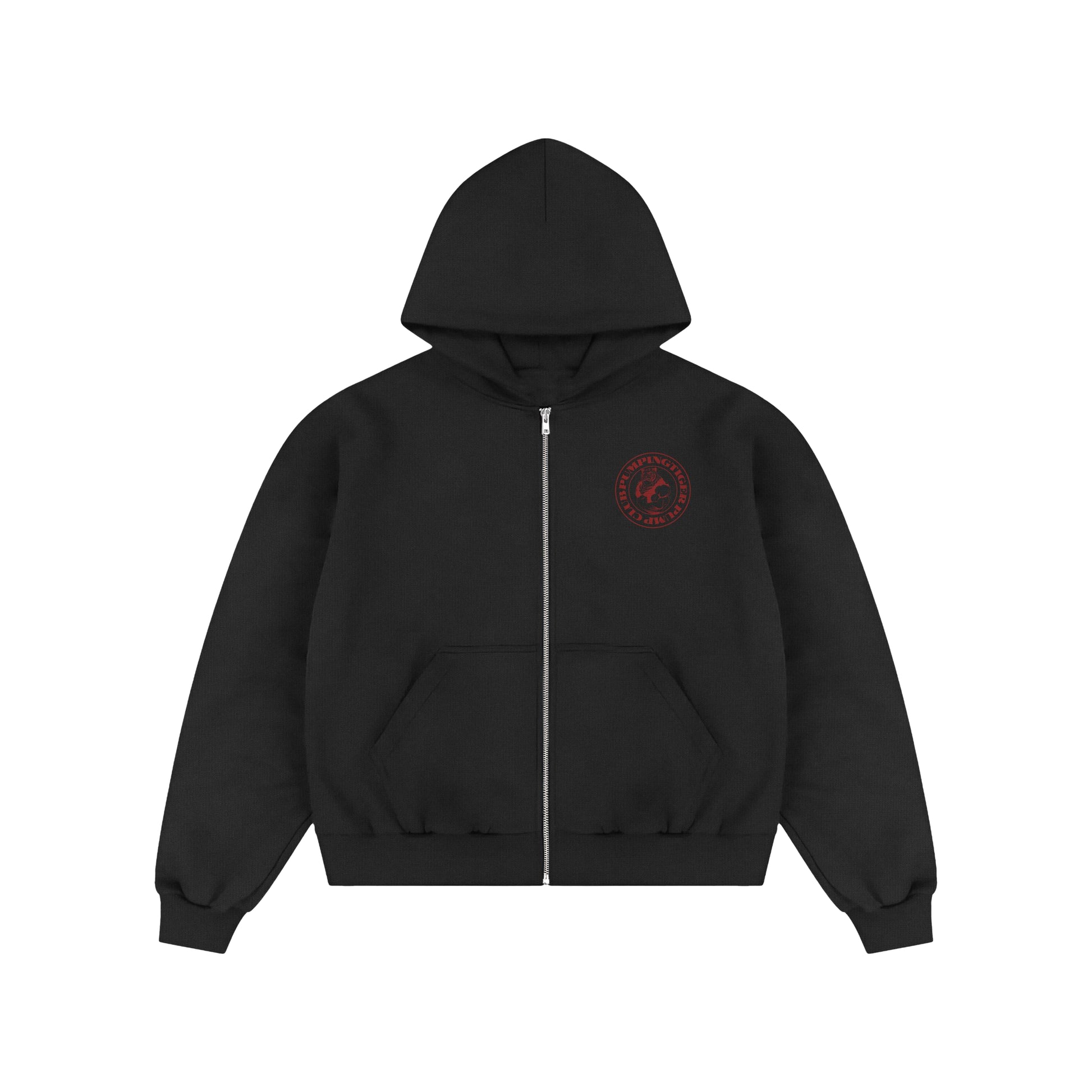 PUMPINGTIGER Tigers Pump Club 350 GSM Black Zip-Up Hoodie featuring a premium chest crest and durable metal zipper.