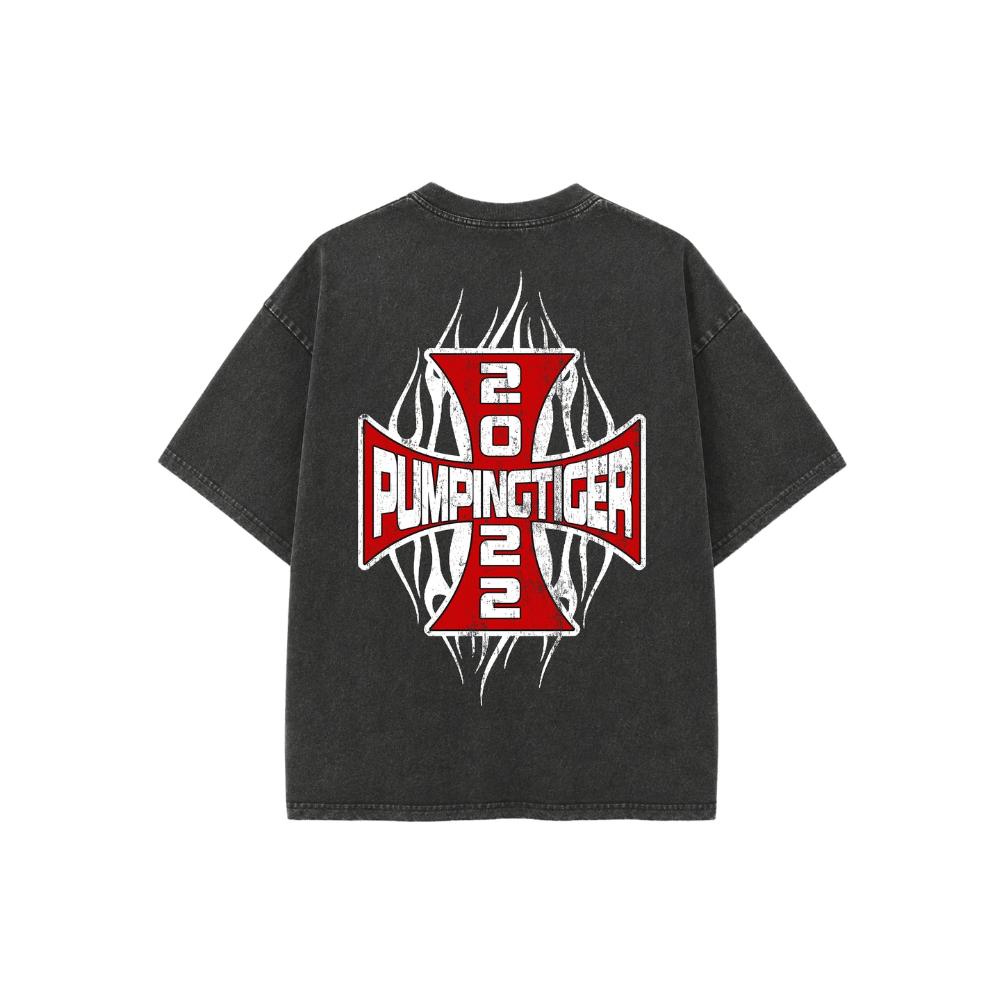 PUMPINGTIGER Tiger's Pump Club Vintage Fade Wash Oversized T-Shirt back view featuring oversized Pumpingtiger 2022 cross graphic.
