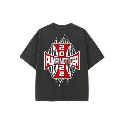 PUMPINGTIGER Tiger's Pump Club Vintage Fade Wash Oversized T-Shirt back view featuring oversized Pumpingtiger 2022 cross graphic.