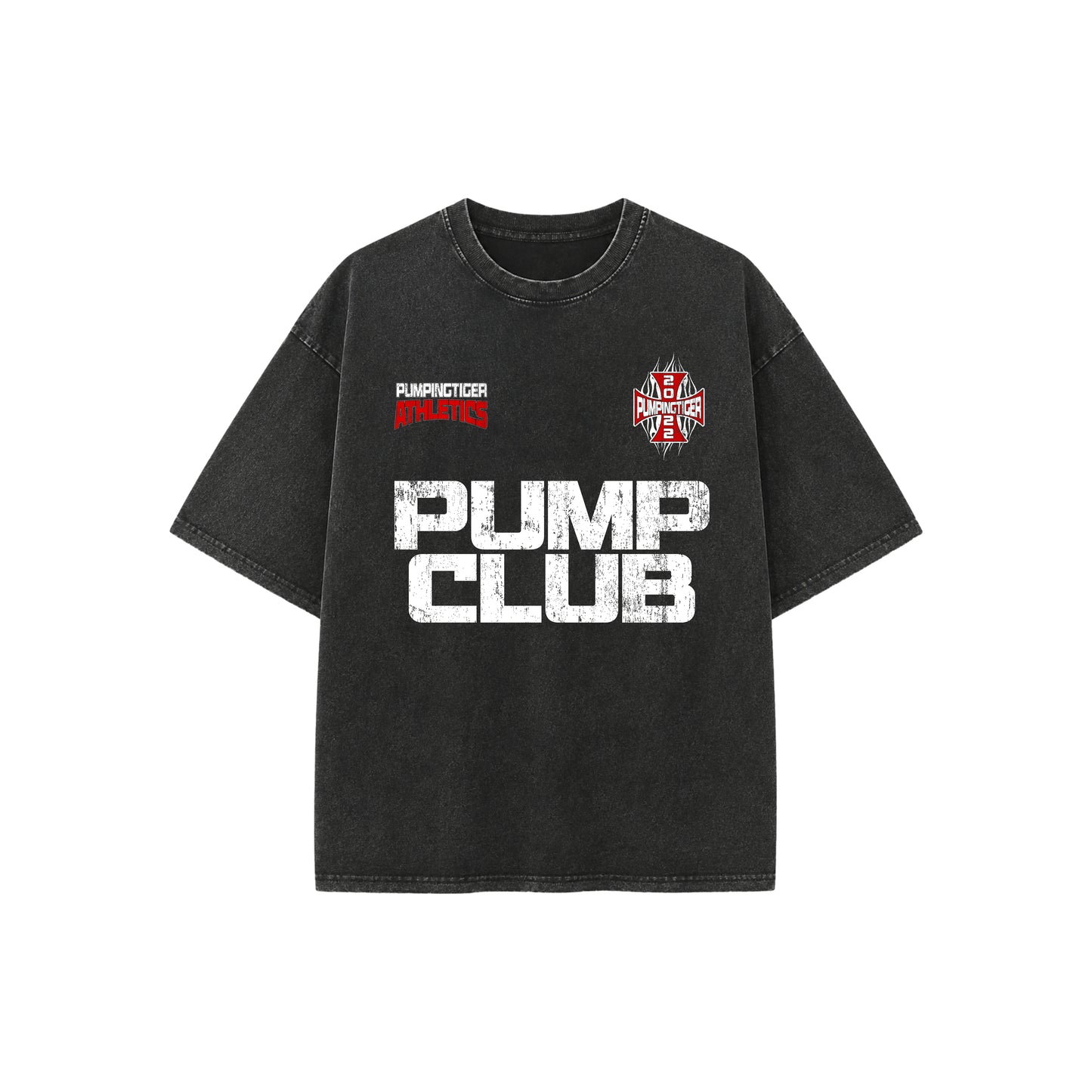PUMPINGTIGER Tiger's Pump Club Vintage Fade Wash Oversized T-Shirt front view featuring Pump Club graphic and chest branding.