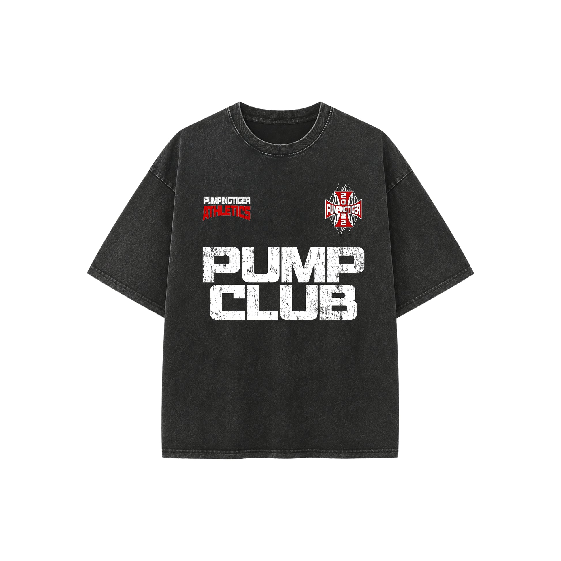 PUMPINGTIGER Tiger's Pump Club Vintage Fade Wash Oversized T-Shirt front view featuring Pump Club graphic and chest branding.