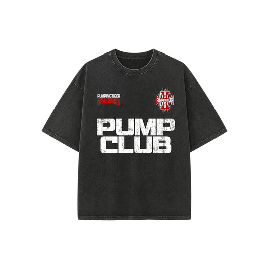 PUMPINGTIGER Tiger's Pump Club Vintage Fade Wash Oversized T-Shirt front view featuring Pump Club graphic and chest branding.