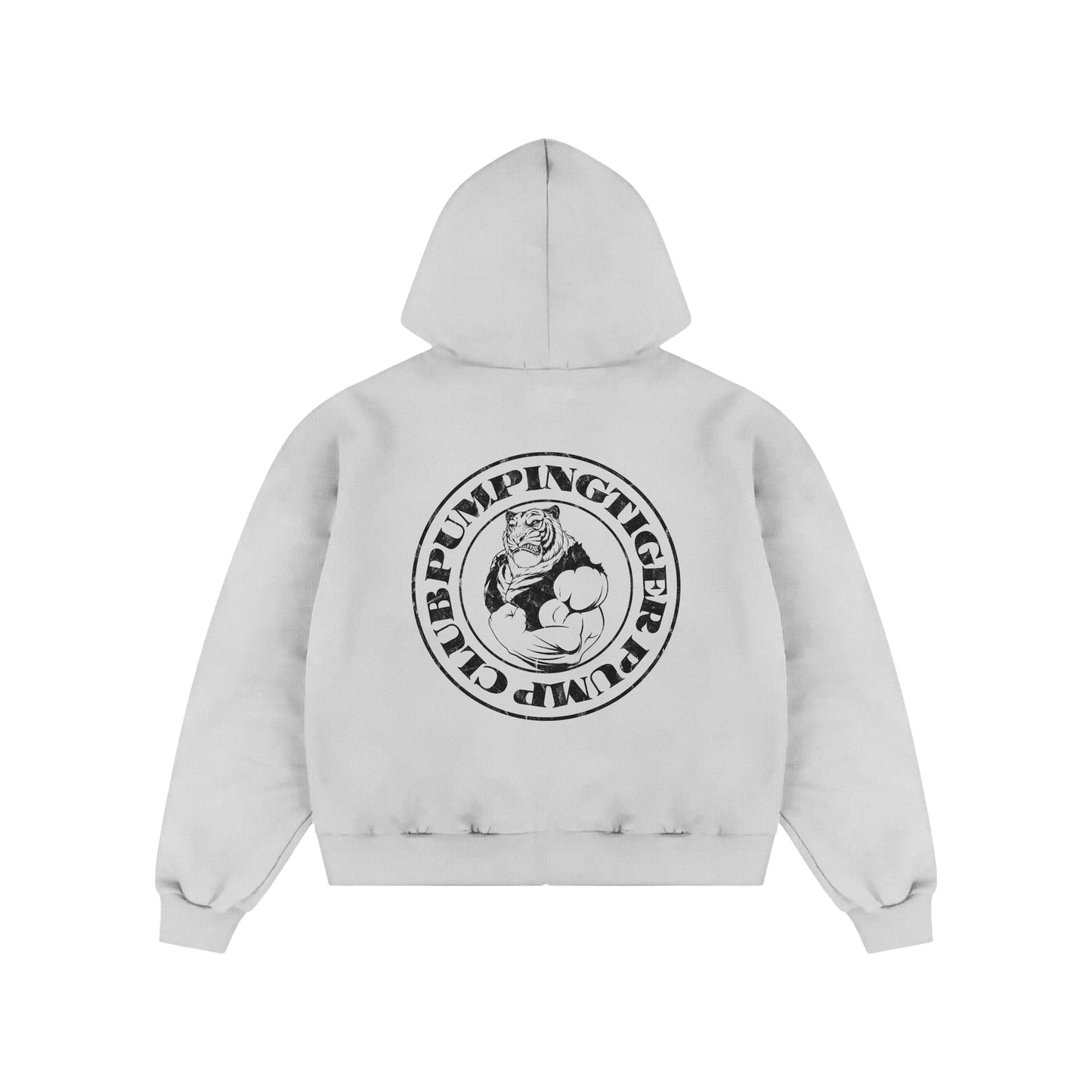 PUMPINGTIGER Tigers Pump Club 350 GSM White Zip-Up Hoodie featuring a large black Tigers Pump Club back graphic.
